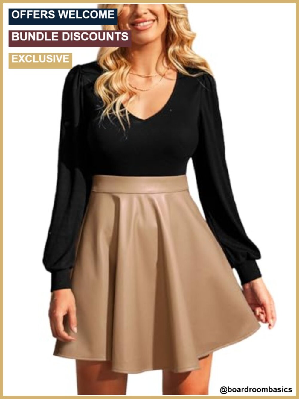 Faux Leather Mini Dress V-Neck Bishop Sleeve Fit Flare A-Line